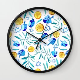 Hanukkah Dreidels Jewish Holiday Watercolor Pattern  Wall Clock