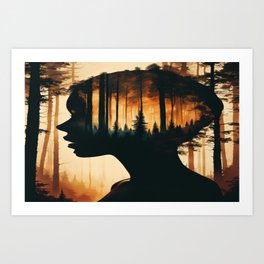 Forest Double exposure Silhouette portrait of a woman No.1 Art Print