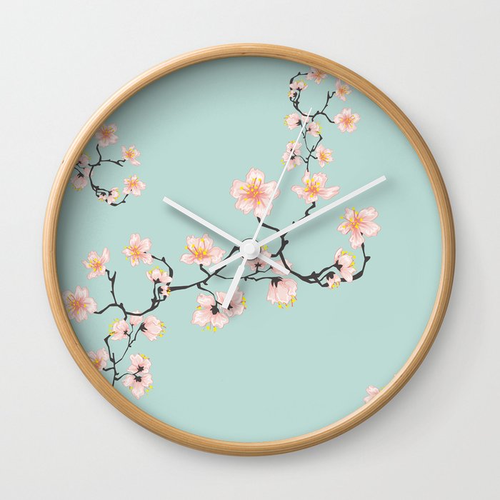 Sakura Cherry Blossoms x Mint Green Wall Clock