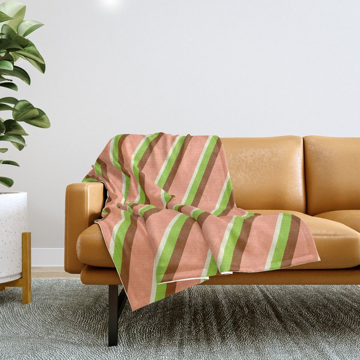 Light Yellow, Green, Brown & Light Salmon Colored Lined/Striped Pattern Throw Blanket