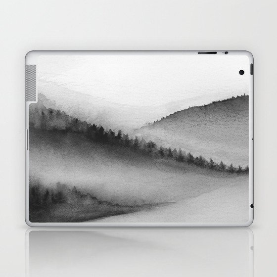 Deep Valley II - Black White Gray Forest Trees Foggy Hills Nature Watercolor Painting Art Print Laptop & iPad Skin