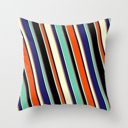 [ Thumbnail: Red, Aquamarine, Light Yellow, Black & Midnight Blue Colored Lines/Stripes Pattern Throw Pillow ]