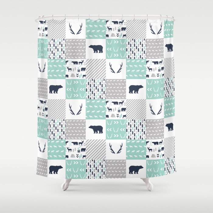 Camper Antlers Bears Pattern Minimal Nursery Basic Navy Mint White