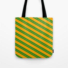 [ Thumbnail: Forest Green and Orange Colored Pattern of Stripes Tote Bag ]