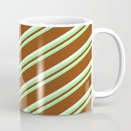 [ Thumbnail: Green, Brown & Mint Cream Colored Lines Pattern Coffee Mug ]
