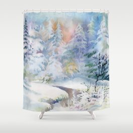 Watercolor winter landscape illustration Shower Curtain