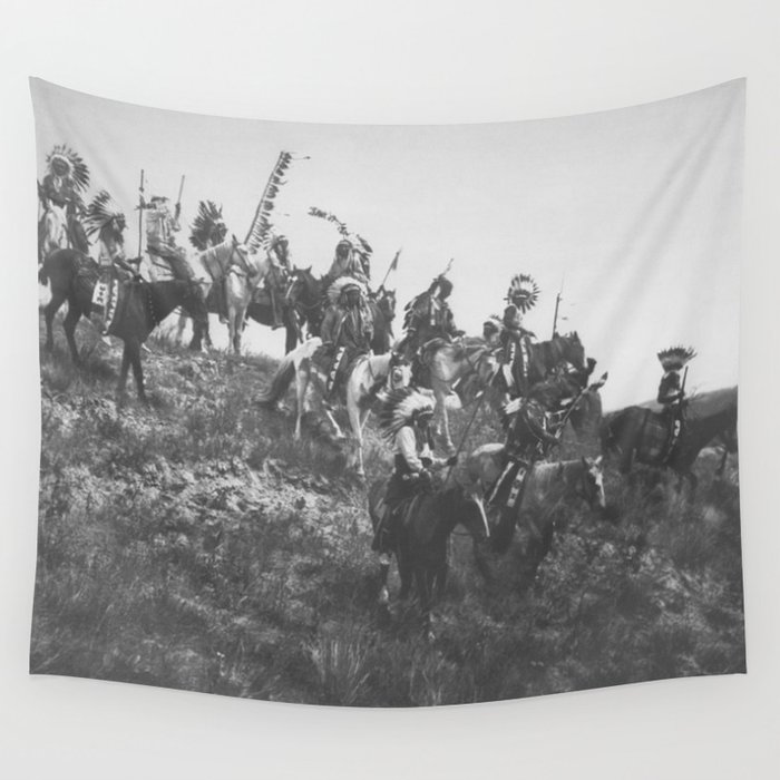 Oglala War Party Native American Oglala tribe in full headdress black and white photograph Wall Tapestry