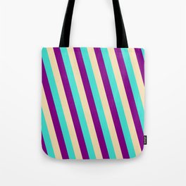 [ Thumbnail: Turquoise, Purple & Tan Colored Stripes/Lines Pattern Tote Bag ]