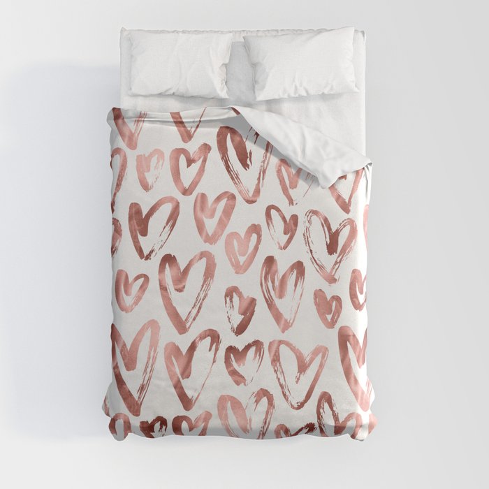 Rose Gold Pink Hearts Pattern on White Duvet Cover