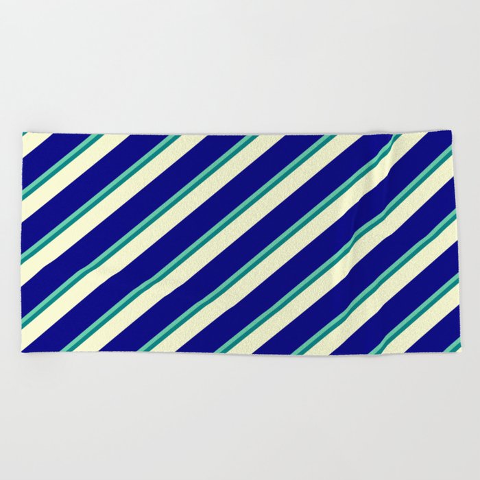Aquamarine, Teal, Light Yellow & Blue Colored Lines Pattern Beach Towel