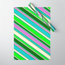 [ Thumbnail: Vibrant Dark Turquoise, Lime, Orchid, Light Yellow, and Dark Green Colored Stripes Pattern Wrapping Paper ]