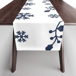 Christmas Pattern White Navy Blue Floral Snowflake Table Runner