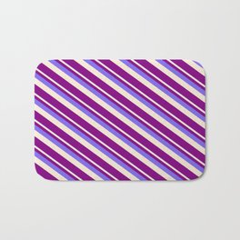[ Thumbnail: Medium Slate Blue, Beige & Purple Colored Stripes/Lines Pattern Bath Mat ]
