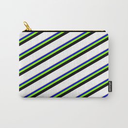 [ Thumbnail: Eyecatching Tan, Blue, Chartreuse, Black & White Colored Lines/Stripes Pattern Carry-All Pouch ]