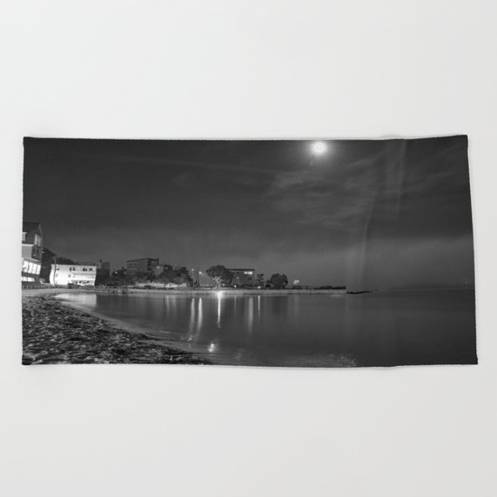 Foggy Moonlit Beach B&W Beach Towel