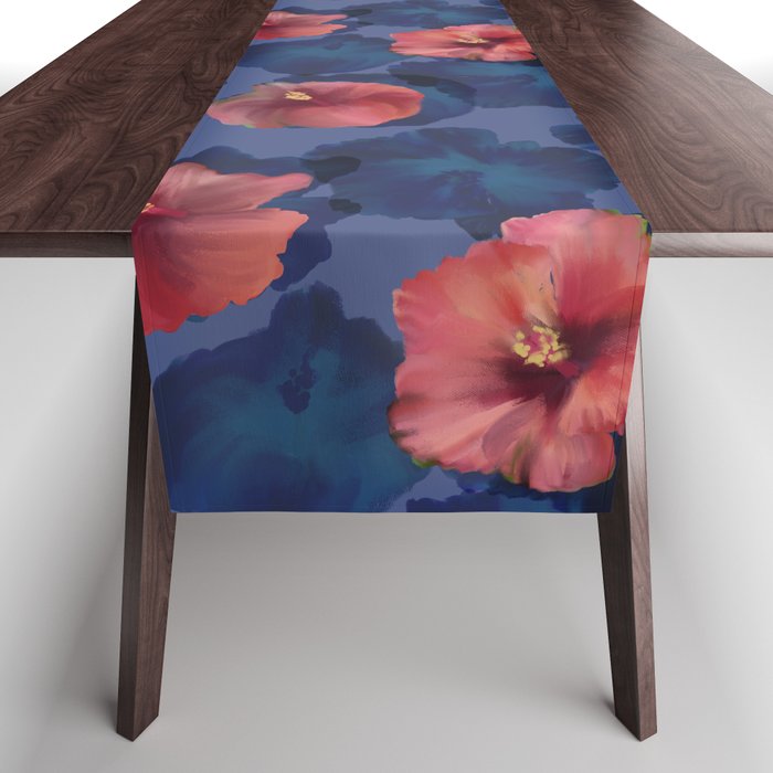 Scarlet hibiscus flowers on a blue background Table Runner