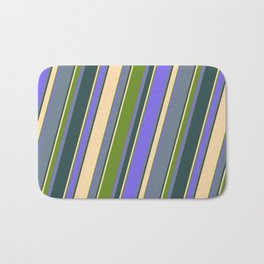 [ Thumbnail: Tan, Green, Medium Slate Blue, Slate Gray, and Dark Slate Gray Colored Lined/Striped Pattern Bath Mat ]