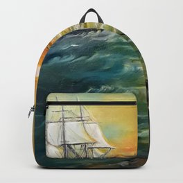 Vintage boath at the harbor painting Backpack