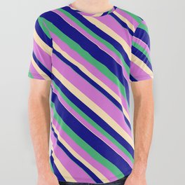 [ Thumbnail: Blue, Sea Green, Orchid, and Beige Colored Striped/Lined Pattern All Over Graphic Tee ]