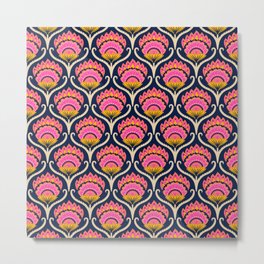 Bright ethnic ogee flame floral  - Hot pink, marigold and papaya orange on midnight blue Metal Print