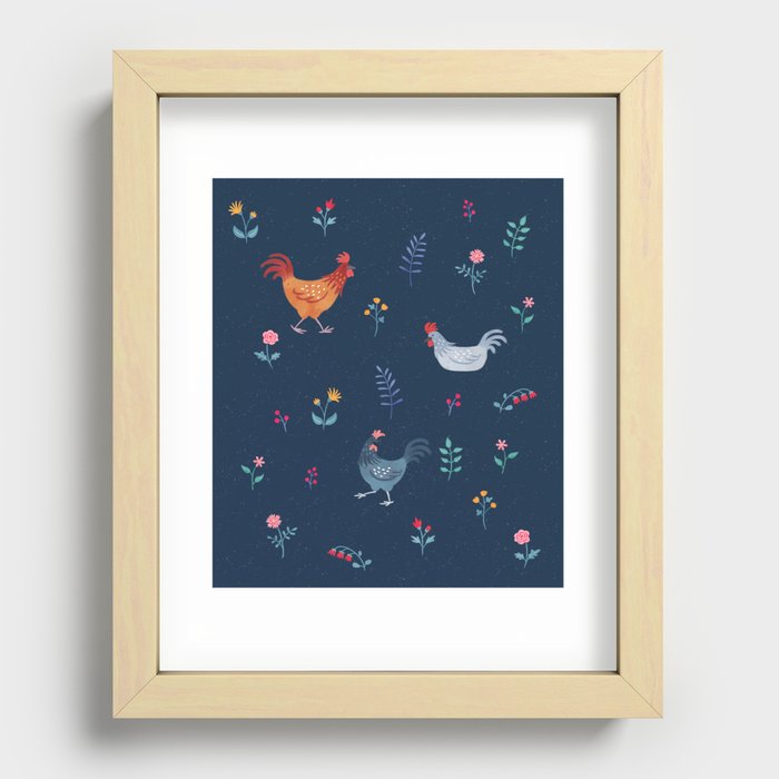 Little Hens (blue) Recessed Framed Print