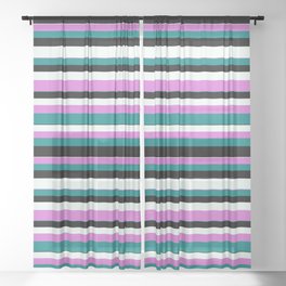[ Thumbnail: Orchid, Teal, Black, and Mint Cream Colored Striped/Lined Pattern Sheer Curtain ]