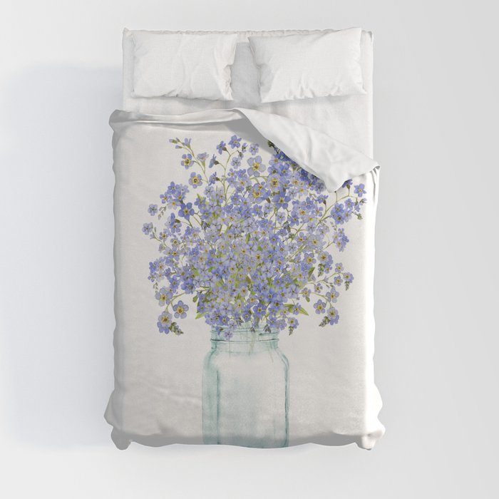 Hand Painted Scandinavian Watercolor Forget Me Not Bouquet Duvet Cover