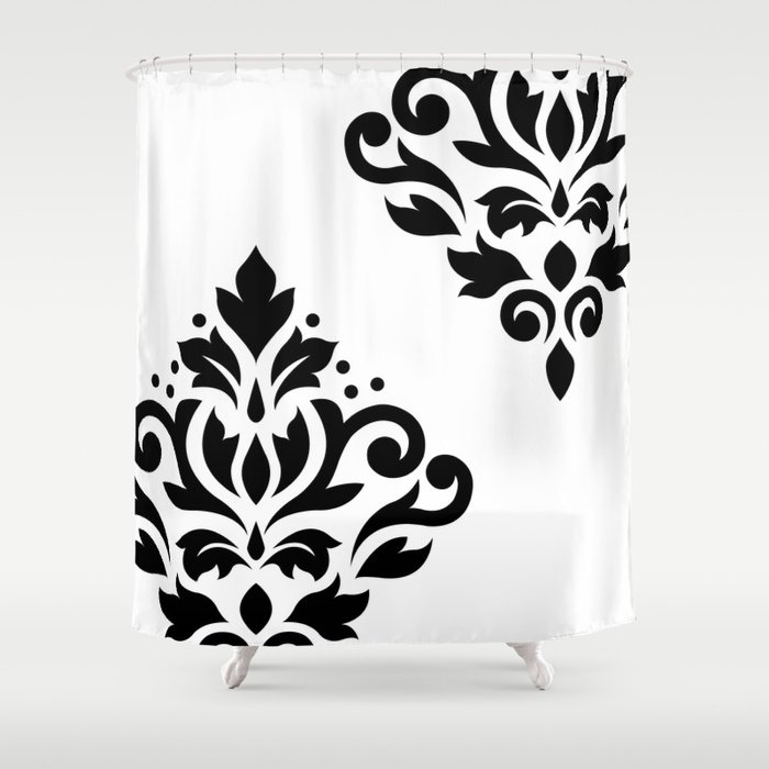 Scroll Damask Art I Black On White Shower Curtain By