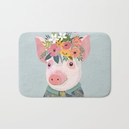Pig with floral crown, farm animal Bath Mat