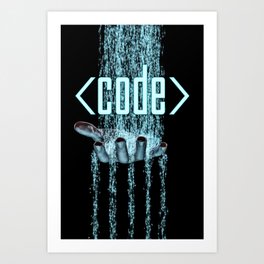 Code / 3D render of binary data flowing on to human hand Art Print
