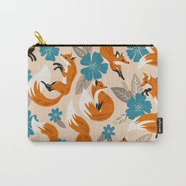 Foxes & Blooms – Tan & Blue Carry-All Pouch