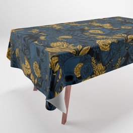 Skulls and Flowers Black Blue Yellow Gold Vintage Tablecloth