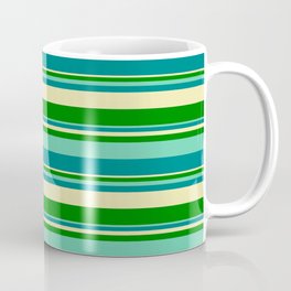 [ Thumbnail: Aquamarine, Teal, Pale Goldenrod, and Green Colored Striped Pattern Coffee Mug ]