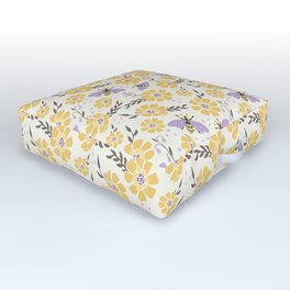 Honey Bees and Flowers - Yellow and Lavender Purple Outdoor Floor Cushion