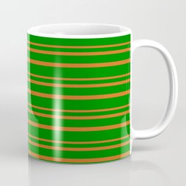 [ Thumbnail: Green & Chocolate Colored Lined/Striped Pattern Coffee Mug ]