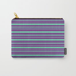 [ Thumbnail: Aquamarine & Purple Colored Striped/Lined Pattern Carry-All Pouch ]