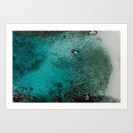 Boat in the blue sea at Playa Lagun bay | Drone | Colourful Travel Photography | Curaçao, Antilles Art Print