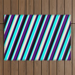 [ Thumbnail: Aqua, Beige, Indigo, and Black Colored Striped Pattern Outdoor Rug ]