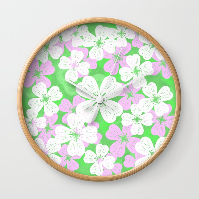 70’s Desert Flowers Pink on Green Wall Clock