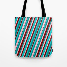 [ Thumbnail: Dark Turquoise, Dark Cyan, Pink & Maroon Colored Pattern of Stripes Tote Bag ]