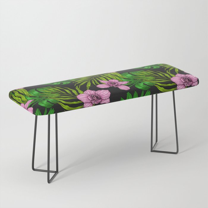 Orchids and palm leaves, pink and green Bench