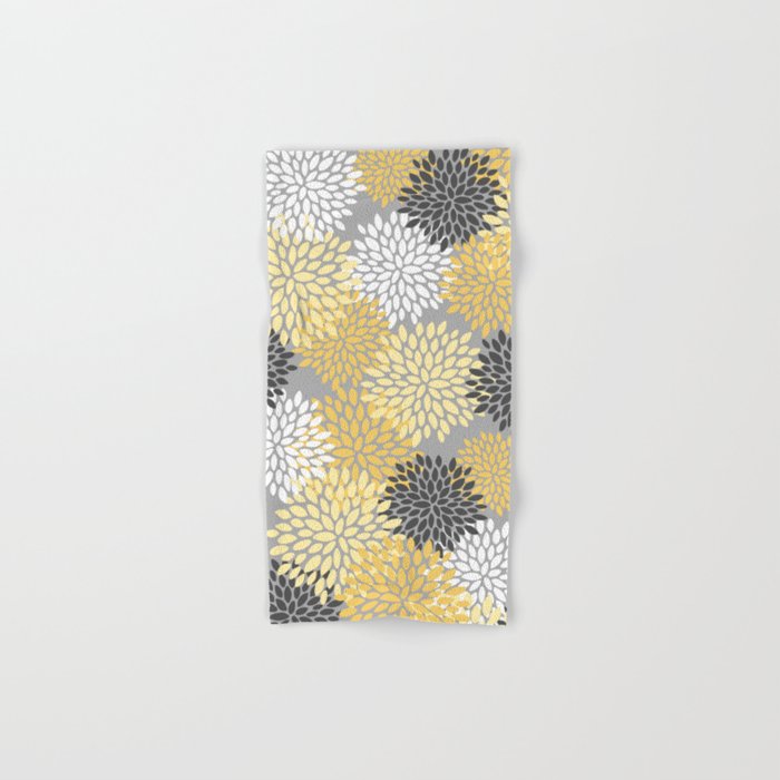 Floral Blooms, Gray, Charcoal, Yellow Hand & Bath Towel
