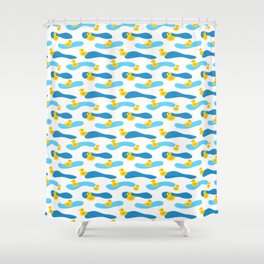 Yellow Rubber Duck with Blue Waves Seamless Pattern Shower Curtain