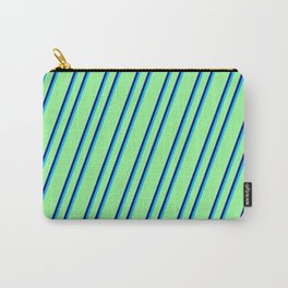 [ Thumbnail: Green, Blue & Deep Sky Blue Colored Stripes Pattern Carry-All Pouch ]