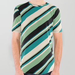 [ Thumbnail: Dark Cyan, Beige, Dark Sea Green, and Black Colored Lines/Stripes Pattern All Over Graphic Tee ]