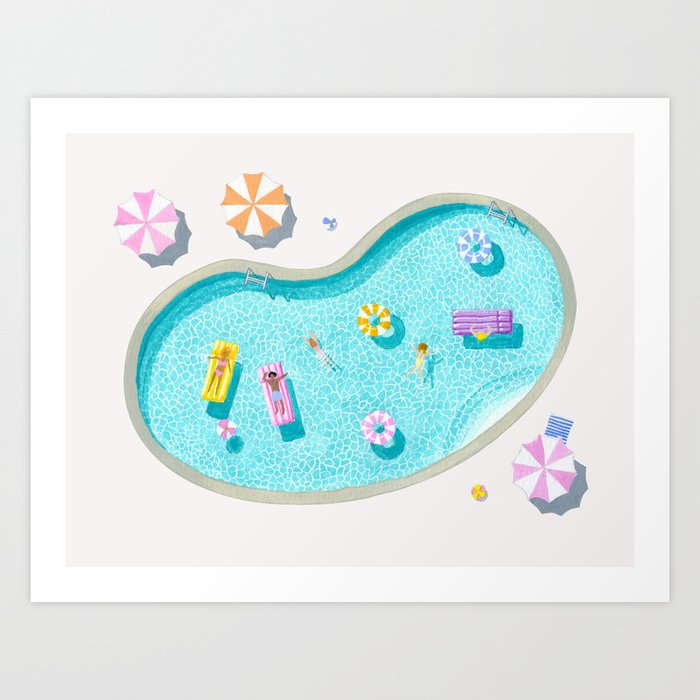 Floating in a blue summer pool with inflatables and umbrellas Art Print