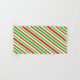 [ Thumbnail: Fun Christmas-Style Red, White, and Green Colored Lined/Striped Pattern Hand & Bath Towel ]