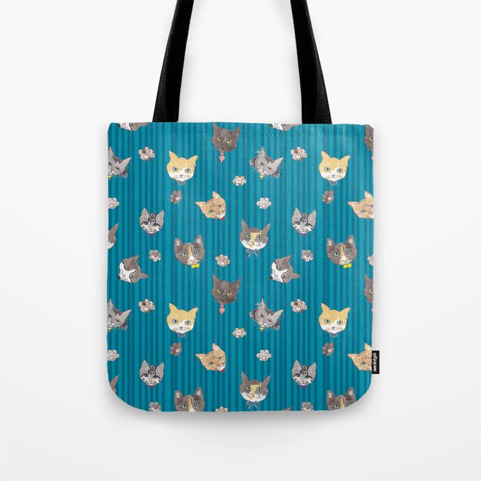 Cats with Paws Pattern/Hand-drawn in Watercolour/Blue Stripe Background Tote Bag