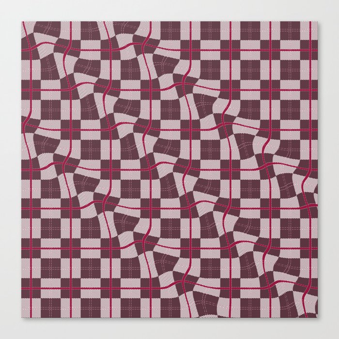 Wine Red Warped Checkerboard Grid Illustration Canvas Print