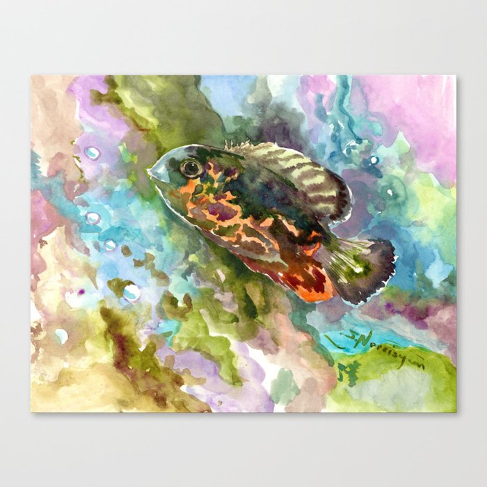 Oscar Fish Aquarium Art Turquoise Blue Olive Green Fish